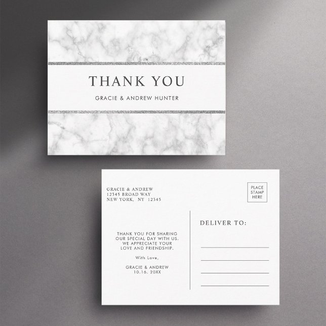 Modern White Marble Silver Glitter Tack Vykort (Front & Back)