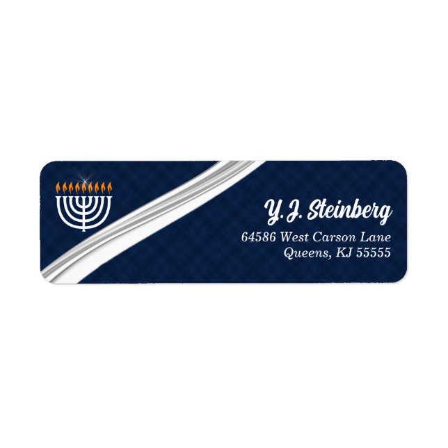 Modern White Menorah och Blue Hanukkah Adress Returadress Etikett (Framsidan)