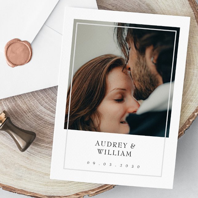 Modern White Minimalist Elegant Chic Photo Bröllop Inbjudningar (Modern White Minimalist Elegant Chic Photo Wedding Invitation)
