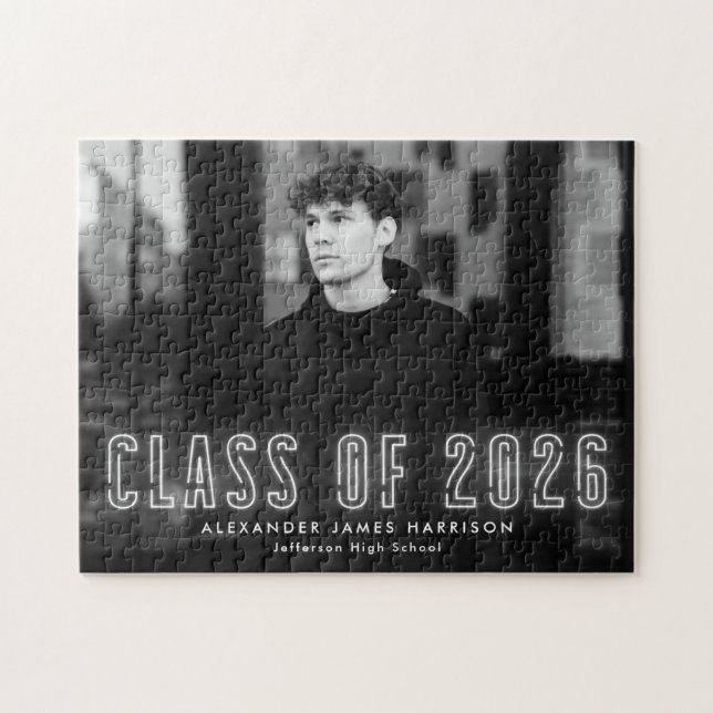 Modern White Neon Class of 2025 Studenten Photo Pussel (Horisontell)