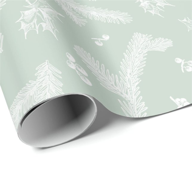Modern White och Mint Holly och Gräs Presentpapper (Rullad Hörn)