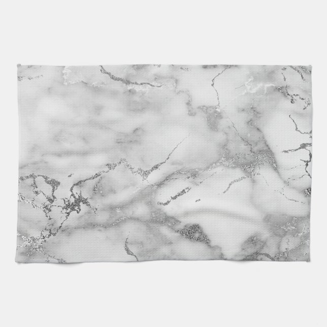 Modern White och Silver Marble Mönster Kökshandduk (Horisontell)