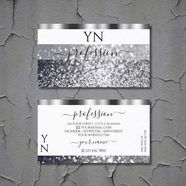 Modern White och Silver Sparkling Glitter Monogram Visitkort (Skapare uppladdad)