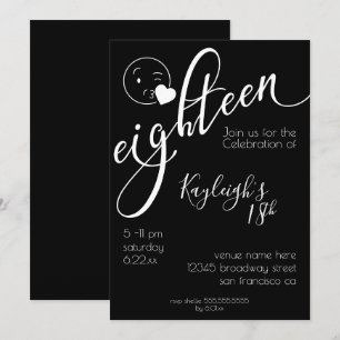 Modern White on Black Kissy Emoji 18:e födelsedage Inbjudningar