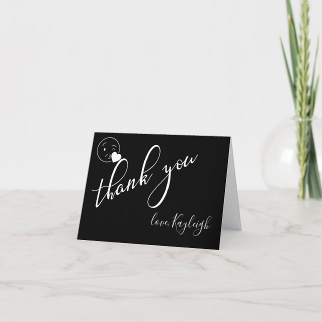 Modern White on Black Kissy Wink Emoji Tack Kort (Framsida)