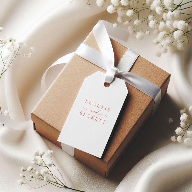 Modern White Orange Typography Wedding Favor-Märkr Presentetikett (Skapare uppladdad)