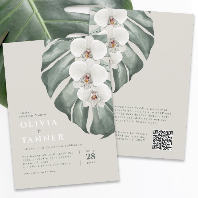 Modern White Orchids QR-kod Tropical Bröllop Inbjudningar (Available in both printed and digital formats.)