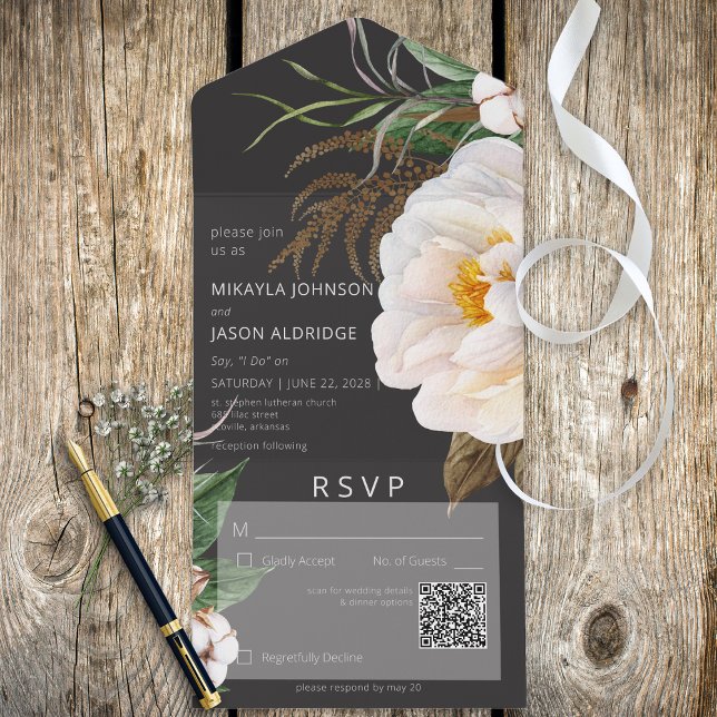 Modern White Peonies on Black QR Code (Also available without a QR code; with or without dinner selection options.)