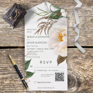 Modern White Peonies on White QR Code