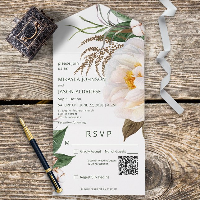 Modern White Peonies on White QR Code (Skapare uppladdad)