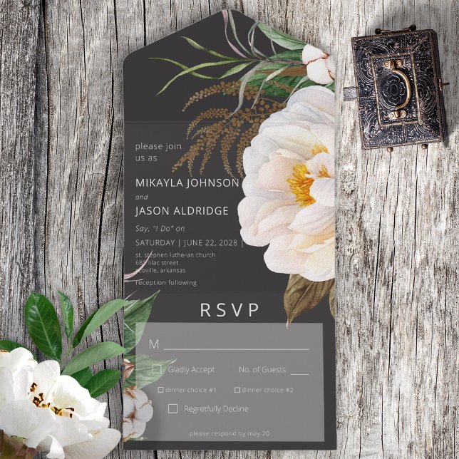 Modern White Peonies på svart middag (Also available with a QR code or without dinner selection options.)