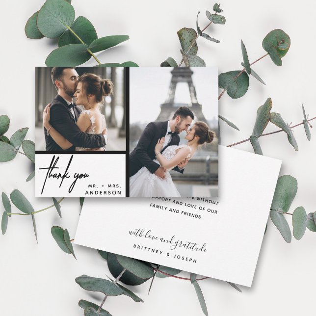 Modern White Photo Collage Bröllop Tack (Two photo hand lettered thank you wedding card with a minimalistic design perfect for any couple.)