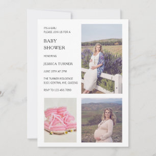 Modern White Photo Collage Girl Baby Shower Inbjudningar