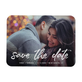 Modern White Push Script Photo Save Date Magnet
