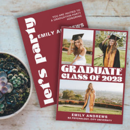 Modern White & Red 3 Photo Grad Party Inbjudningar