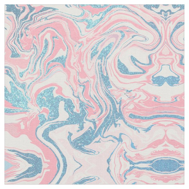 Modern White Rosa Blue Glitter Marble Tyg (Närbild)