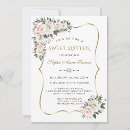 Modern White Rosa Flowers Guld Ram Sweet 16 Inbjudningar