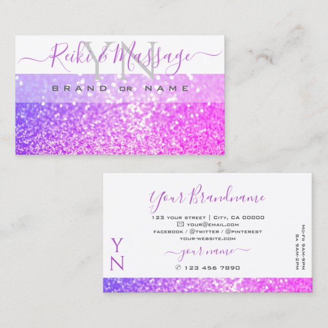 Modern White Rosa Lila Gnistra Glitter Monogram Visitkort (Fram/baksida)