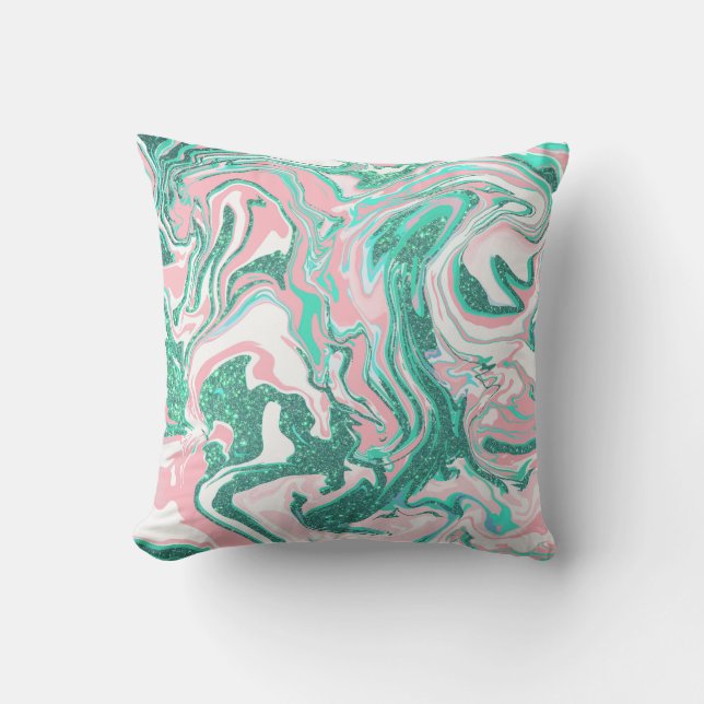 Modern White Rosa Teal Grönt Glitter Marble Kudde (Framsida)