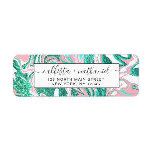 Modern White Rosa Teal Grönt Glitter Marble Returadress Etikett