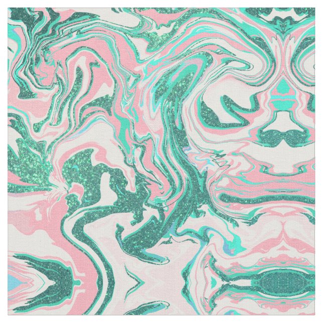 Modern White Rosa Teal Grönt Glitter Marble Tyg (Närbild)