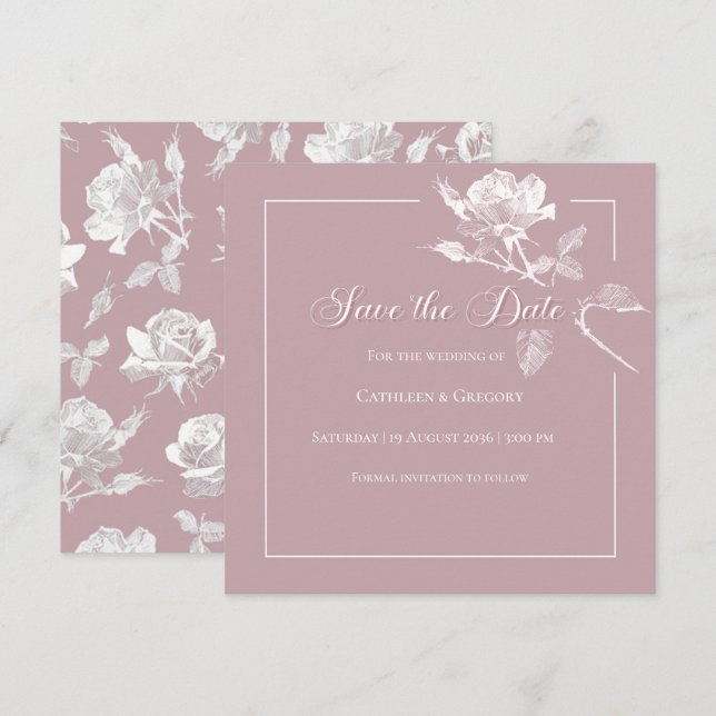 Modern White Roses Dusty Pink Floral Wedding Spara Datumet (Fram/baksida)