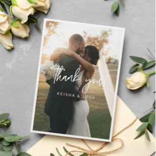 Modern White Script Bröllop Photo Tack Kort