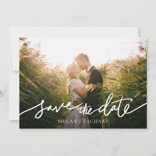 Modern White Script Fullt Photo Save Date Spara Datumet (Framsida)