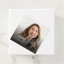 Modern White Script Grad Party Photo Gåvor Etiketter