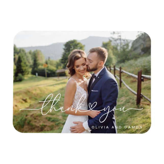 Modern White Script Heart Photo Tack Magnet (Horisontell)