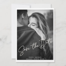 Modern White Script Photo Bröllop spara datum