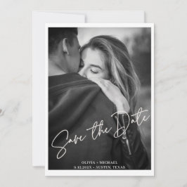 Modern White Script Photo Bröllop spara datum Inbjudningar