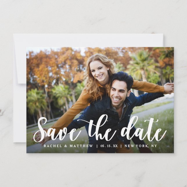 Modern White Script Photo Save Date Spara Datumet (Framsida)