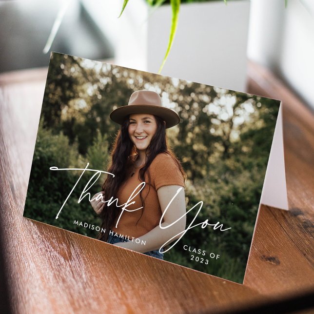 Modern White Script Photo Studenten Tack Kort (Skapare uppladdad)