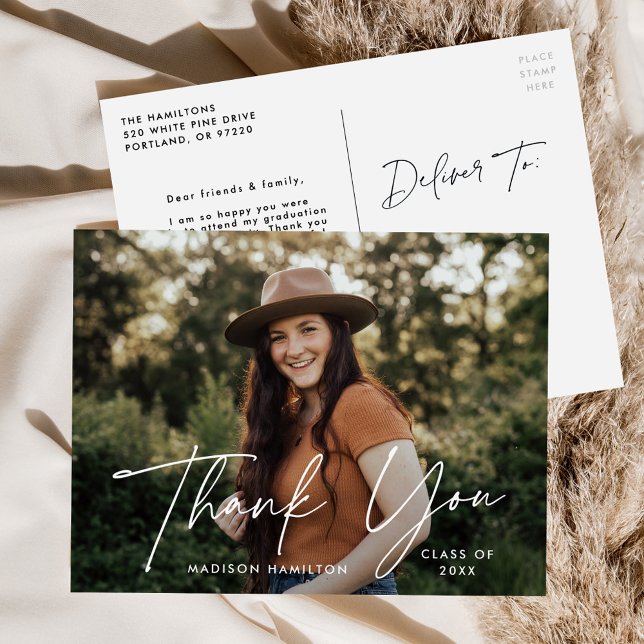 Modern White Script Photo Studenten Tack Vykort (Skapare uppladdad)