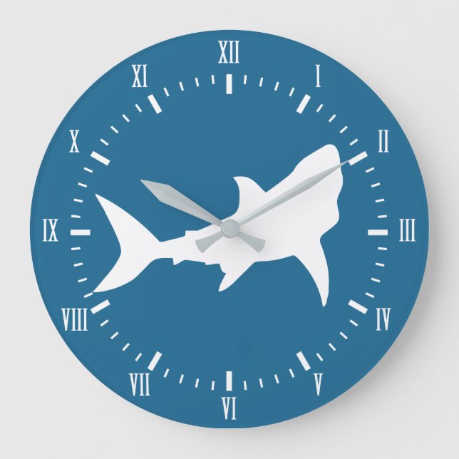 Modern White Shark Silhouette och Blue Stor Klocka (Framsida)