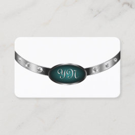 Modern White Silver Teal Faux Diamonds Monogrammed Visitkort