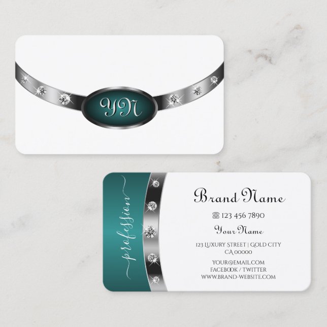 Modern White Silver Teal Faux Diamonds Monogrammed Visitkort (Fram/baksida)