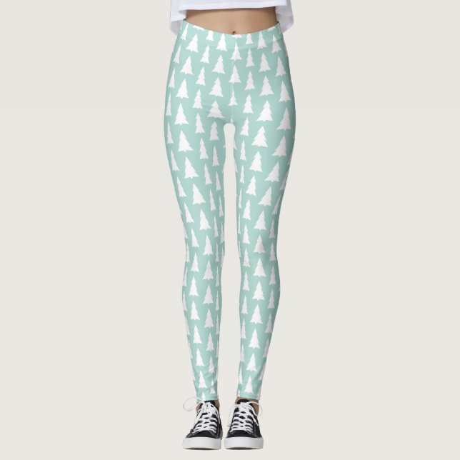 Modern White Träd på Mint Grönt Geometric Mönster Leggings (Framsida)
