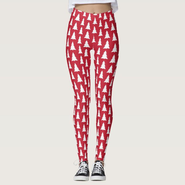 Modern White Träd på Red jul Mönster Leggings (Framsida)