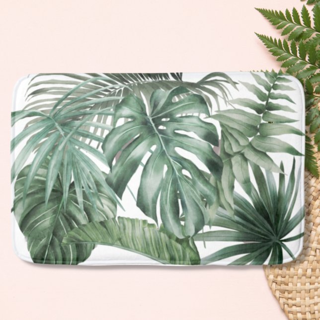 Modern White Tropical Monstera Löv Mönster Badrumsmatta (Skapare uppladdad)