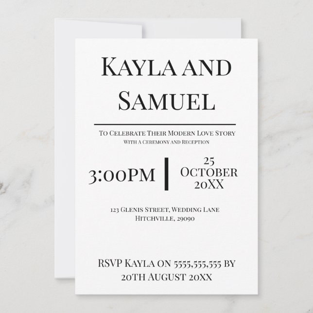 Modern White Wedding Invitation with Black Text Inbjudningar (Framsida)