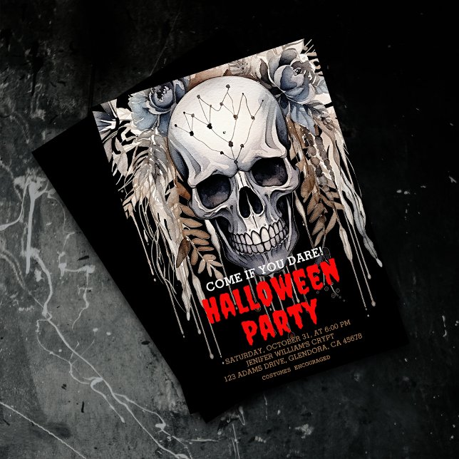 Modern Wicked Skull Black Halloween fest Inbjudningar (Elevate your upcoming event with uniquely spooky and captivatingly designed Halloween invitations!)