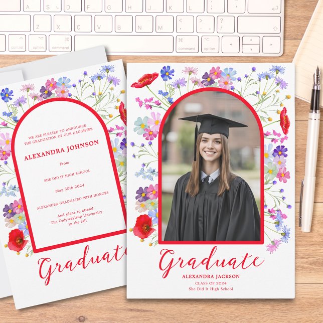Modern Wildblomarch Student Photo Meddelande (Colorful wildflower boho chic arch graduate photo high school graduation announcement )
