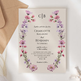 Modern WildblomBeige Monogram Bröllop Inbjudningar