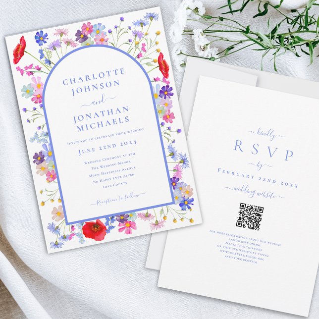 Modern Wildblomblå Arch-webbplats QR-kod Inbjudningar (Modern colorful wildflower blue arch wedding invitation with wedding website qr code)
