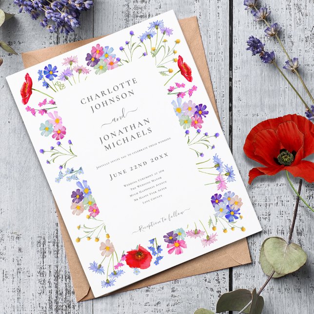 Modern WildblomBröllop Inbjudan Vykort (Modern colorful wildflower budget wedding invitation with boho chic watercolor floral and typography)