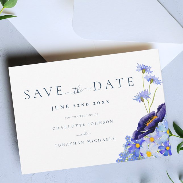 Modern WildblomBröllop Spara Datumet (Elegant wildflower boho blue wedding save the date invitation garden meadow Watercolor florals)