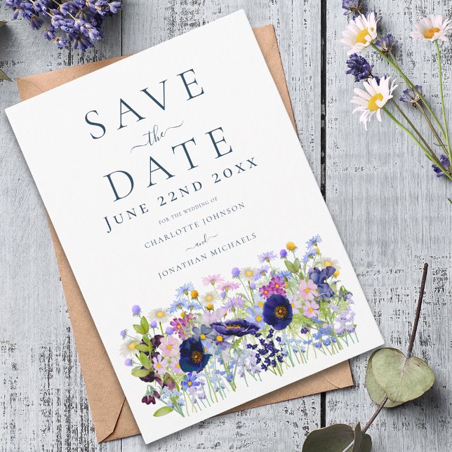 Modern WildblomBröllop Spara Datumet (Colorful wildflower meadow blue wedding save the date invitation )