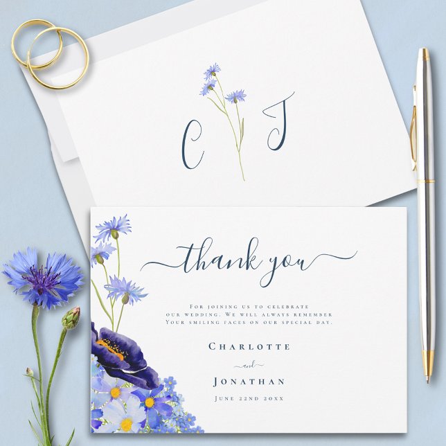 Modern WildblomBröllop Tack Kort (Stylish Blue floral wedding thank you card with wildflowers
)